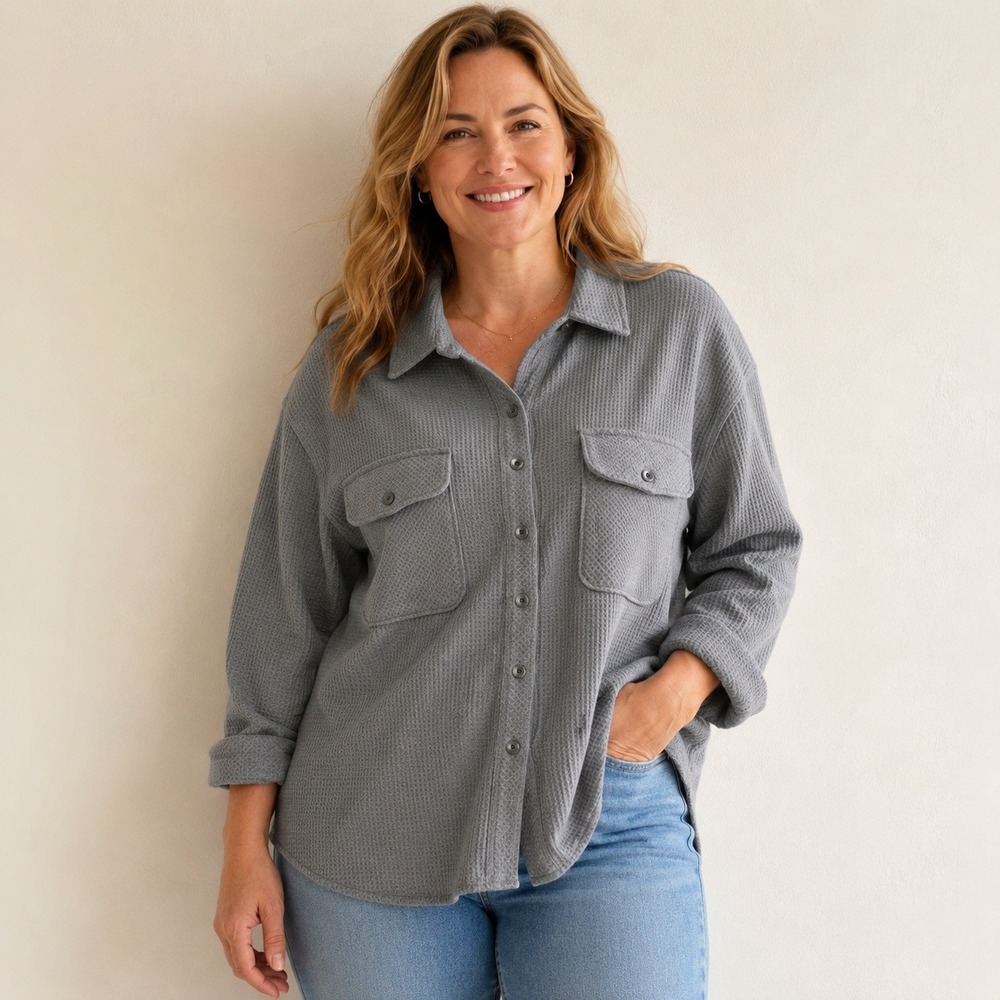 Twelve O Two Waffle Knit Button Down Shirt Winter Cloud Grey Large NEW